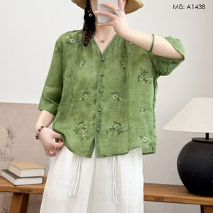 Áo sơ mi linen tay lửng thêu hoa - A1438
