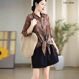 Áo sơ mi linen ngắn tay cổ đức in hoa lá trừu tượng - A844