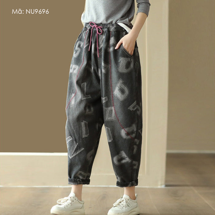 Quần baggy denim lưng thun dây rút in chữ retro - NU9696