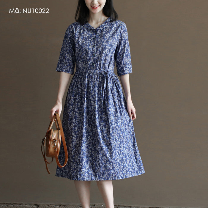 Đầm liền linen ngắn tay cổ pipi in hoa lá chiết eo - NU10022