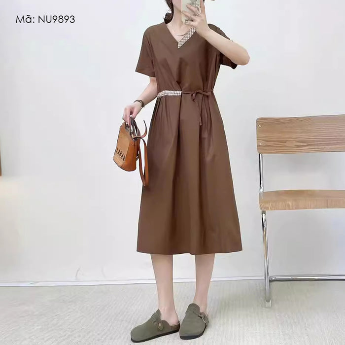 Đầm liền retro ngắn tay cổ V phối caro - NU9893