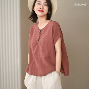 Áo T-shirt linen sát nách cổ tròn khuy cài form rộng - NU9052
