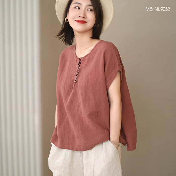 Áo T-shirt linen sát nách cổ tròn khuy cài form rộng - NU9052