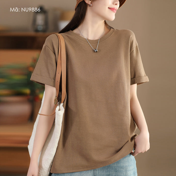 Áo T-shirt ngắn tay cổ tròn dáng rộng một màu - NU9886
