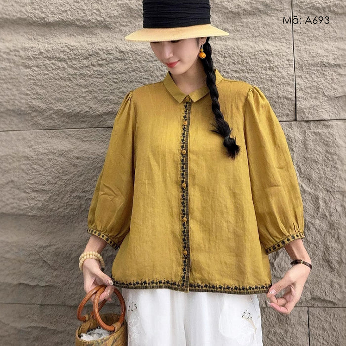 Áo sơ mi linen tay lửng cổ pipi thêu bo viền - A693