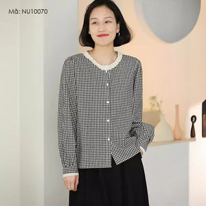 Áo sơ mi linen dài tay cổ tròn ren kẻ caro - NU10070