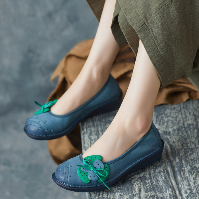 Giày da morigirl retro đế bằng đính nơ hoa - OD2262