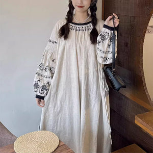 Đầm liền linen Morigirl dài tay cổ tròn thêu retro  - NU10334