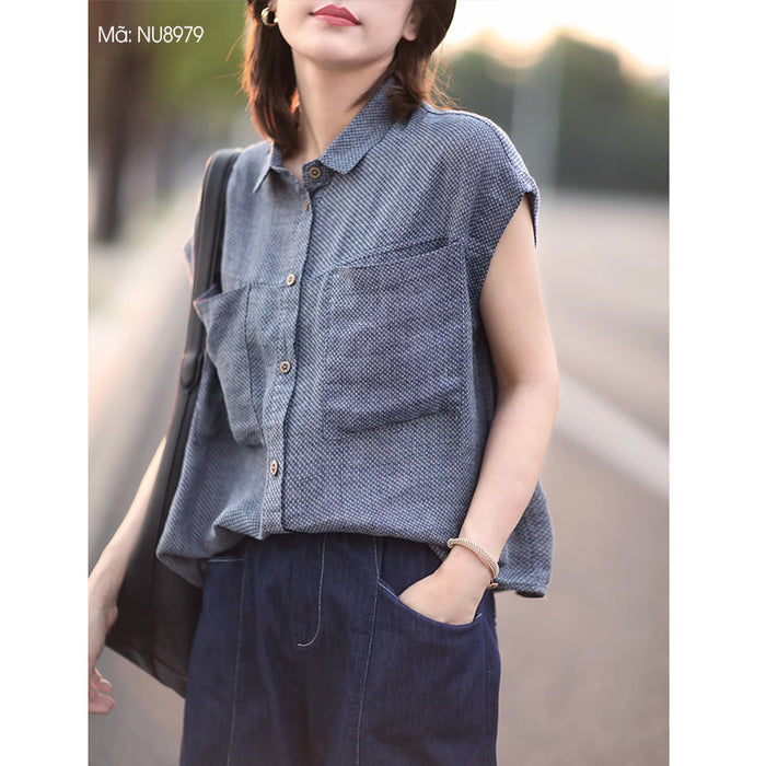 Áo sơ mi linen sát nách cổ đức hai túi kẻ caro - NU8979