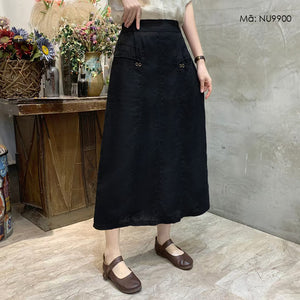 Chân váy linen retro lưng thun túi ngang đính khuy - NU9992