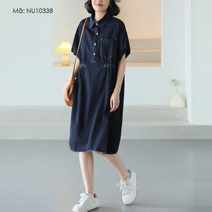 Đầm liền denim ngắn tay cổ đức chiết eo - NU10338