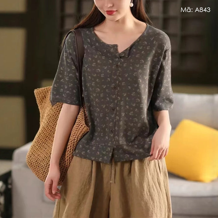 Áo sơ mi dệt kim ngắn tay cổ tròn in hoa nhí - A843