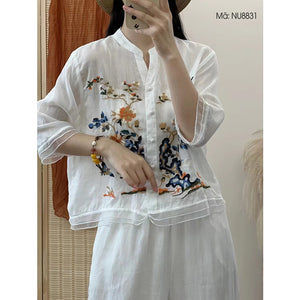 Áo sơ mi linen ngắn tay cổ tròn chữ V thêu hoa lá - NU8831