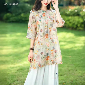 Đầm liền linen ngắn tay cổ tròn kiểu sườn xám in hoa lá - NU9988