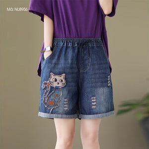 Quần sooc denim lưng thun dây rút thêu chú mèo - NU8956