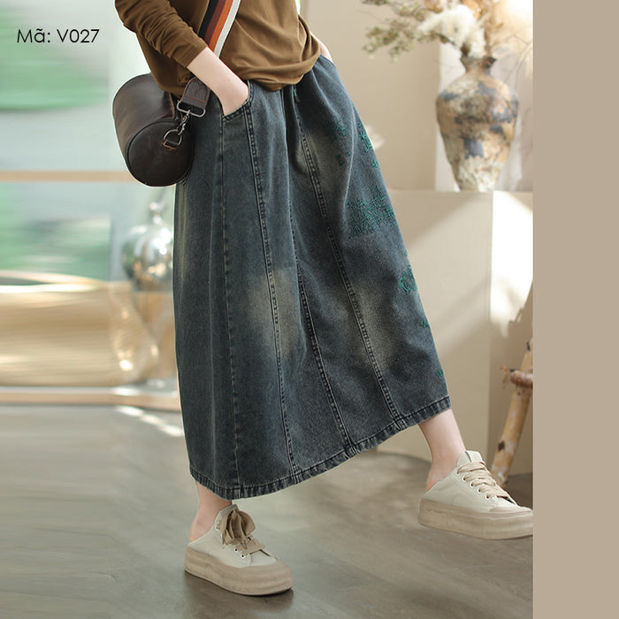 Chân váy denim lưng thun thêu retro bạc màu - V027