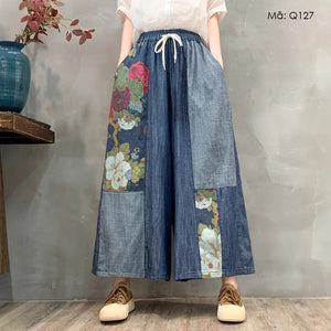 Quần baggy denim lưng thun ống rộng chắp vá in hoa - Q127