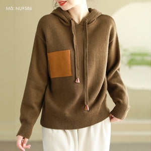 Áo hoodies len dệt kim dài tay ô vuông lệch màu - NU9586