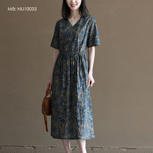Đầm liền linen ngắn tay cổ V in hoa lá retro chiết eo - NU10033