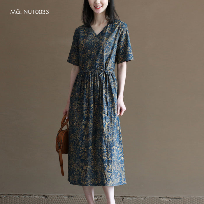 Đầm liền linen ngắn tay cổ V in hoa lá retro chiết eo - NU10033