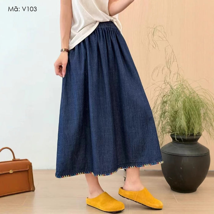 Chân váy denim lưng thun vạt thêu hoa - V103