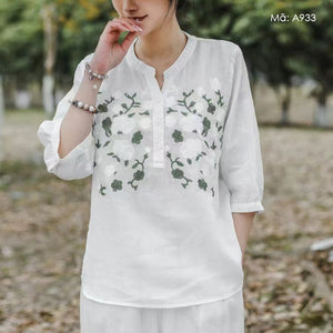 Áo sơ mi linen ngắn tay cổ đứng xẻ V thêu hoa lá - A933