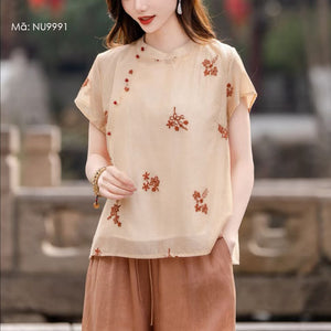 Áo sơ mi linen ngắn tay cổ đứng thêu hoa lá xoắc ốc - NU9991