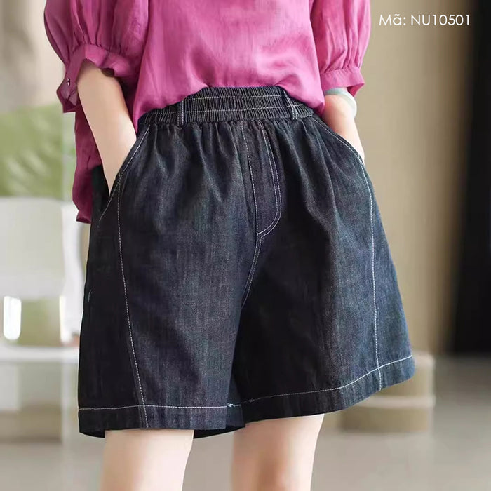 Quần sooc denim lưng thun một túi sau chỉ nổi - NU10501