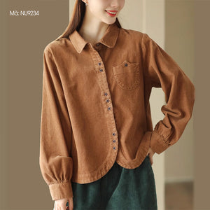 Áo sơ mi nhung dài tay cổ đức vạt bo tròn một túi kiểu - NU9234