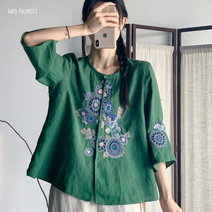 Áo sơ mi linen tay lửng cổ tròn một khuy thêu hoa lá - NU9071
