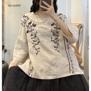 Áo T-shirt linen ngắn tay cổ tròn thêu đối xứng - NU9093