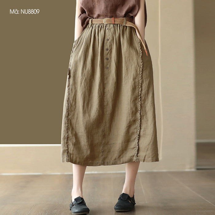 Chân váy linen lưng thun kiểu năm khuy - NU8809