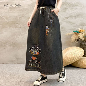 Chân váy denim lưng thun thêu mèo và cá - NU10080