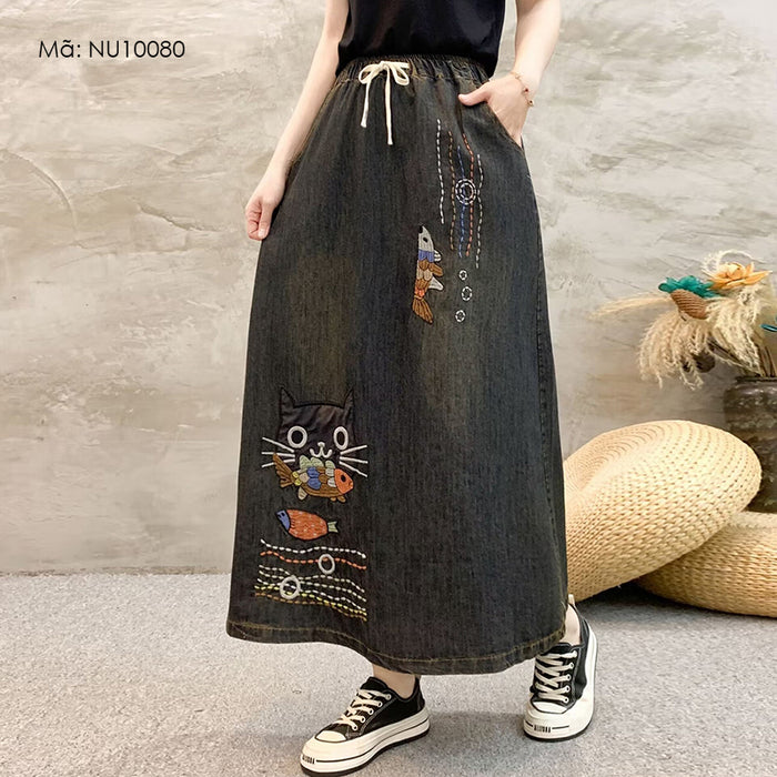 Chân váy denim lưng thun thêu mèo và cá - NU10080