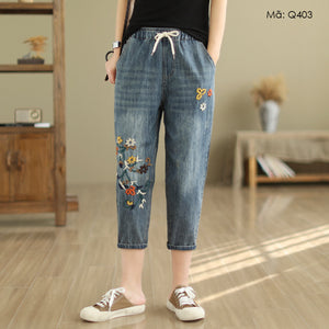 Quần baggy denim lửng thêu hoa - Q403