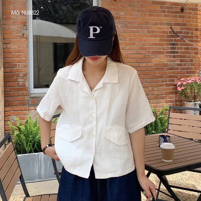 Áo sơ mi linen ngắn tay cổ vest hai túi chéo có nắp - NU8822