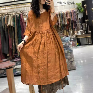 Đầm liền linen ngắn tay cổ tròn eo xếp ly dây rút - NU10425