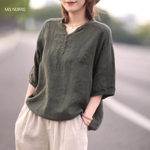 Áo T-shirt linen ngắn tay cổ V khuy cài một túi nhỏ - NU8982