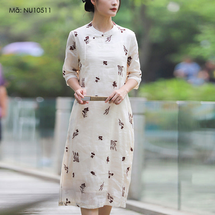 Đầm liền linen ngắn tay cổ tàu thêu hoa oải hương - NU10511