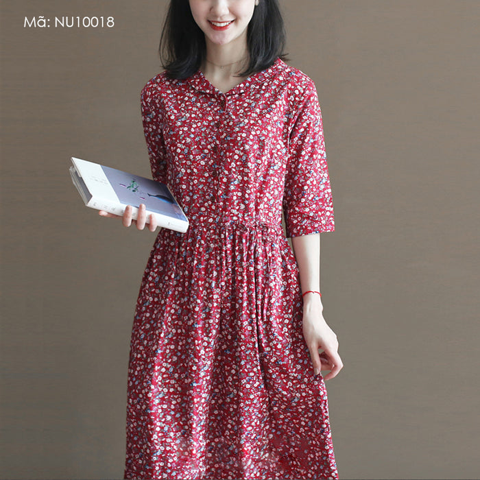 Đầm liền linen ngắn tay cổ pipi in hoa lá liti - NU10018