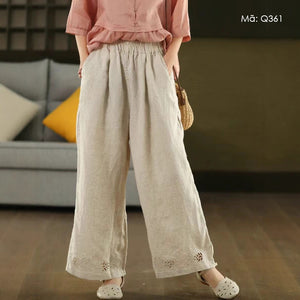 Quần baggy linen ống rộng thêu hoa - Q361