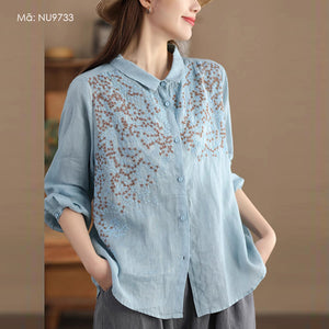 Áo sơ mi linen dài tay cổ pipi thêu những ngôi sao - NU9733