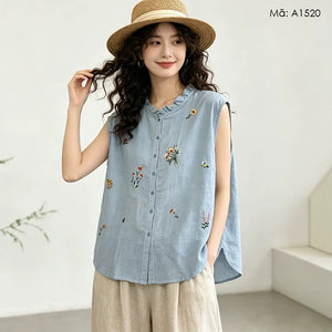 Áo sơ linen mi sát nách thêu hoa - A1520