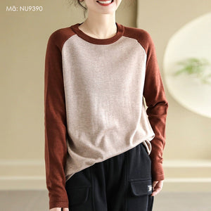Áo T-shirt dệt kim dài tay phối lệch màu cổ tròn - NU9390