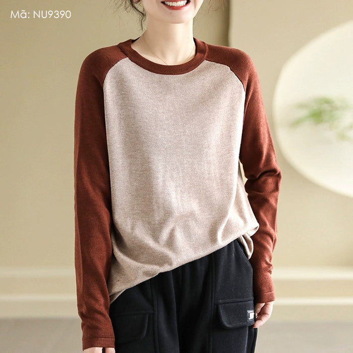 Áo T-shirt dệt kim dài tay phối lệch màu cổ tròn - NU9390