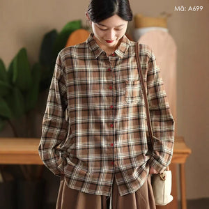 Áo sơ mi linen dài tay cổ đức kẻ caro một túi bo tròn - A699