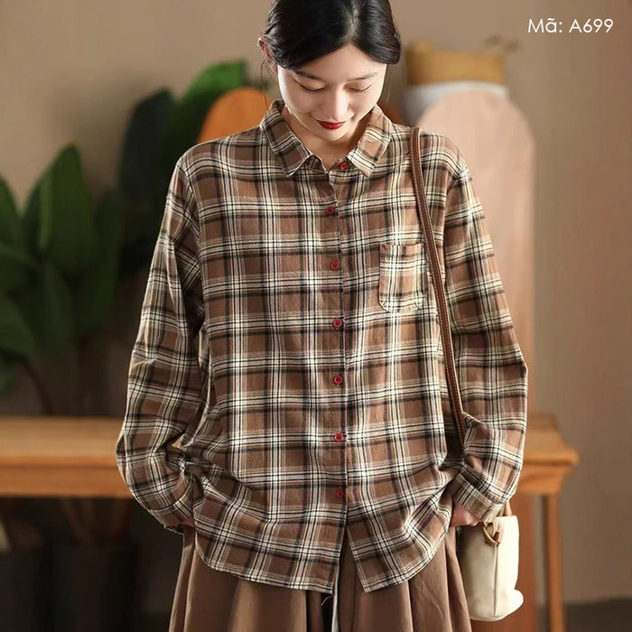 Áo sơ mi linen dài tay cổ đức kẻ caro một túi bo tròn - A699