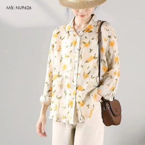 Áo sơ mi linen dài tay cổ đức in hoa lá - NU9626