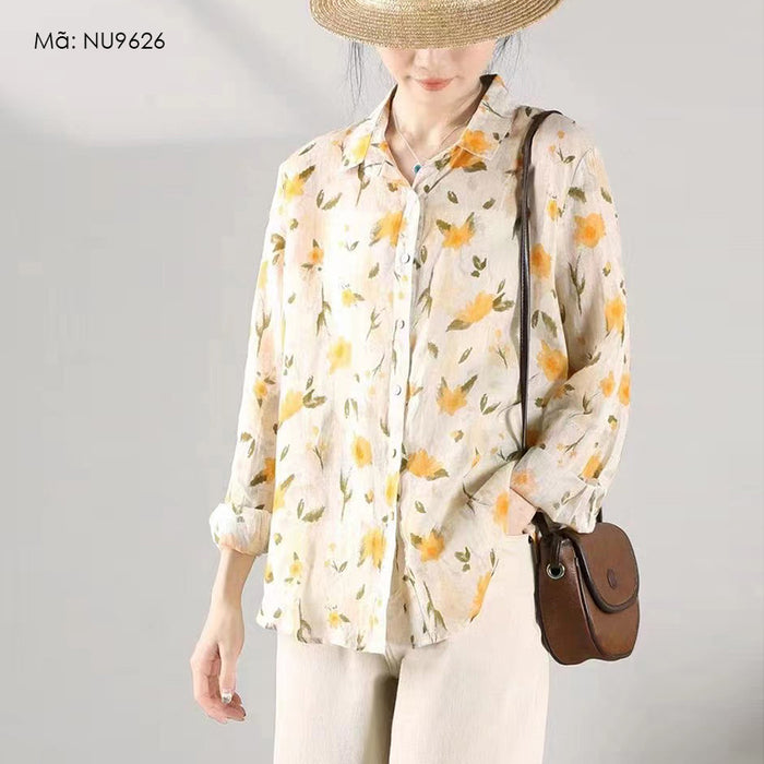 Áo sơ mi linen dài tay cổ đức in hoa lá - NU9626