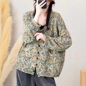 Áo len cardigan dài tay cổ V in hoa liti hai túi - A506